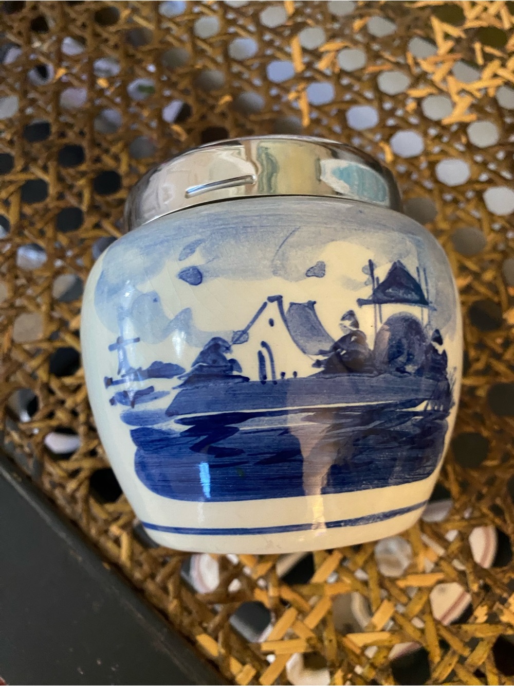Vintage Handpainted Delftware Ceramic Humidor Jar with Metal Lid | Dutch Windmil